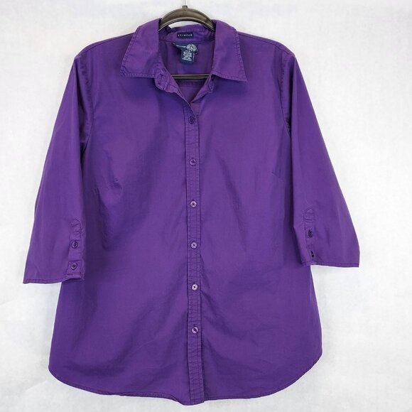 2 Button Up Shirt Women 14/16 Lane Bryant Stripe 3/4 Sleeve Venezia Purple Strec - Picture 10 of 16
